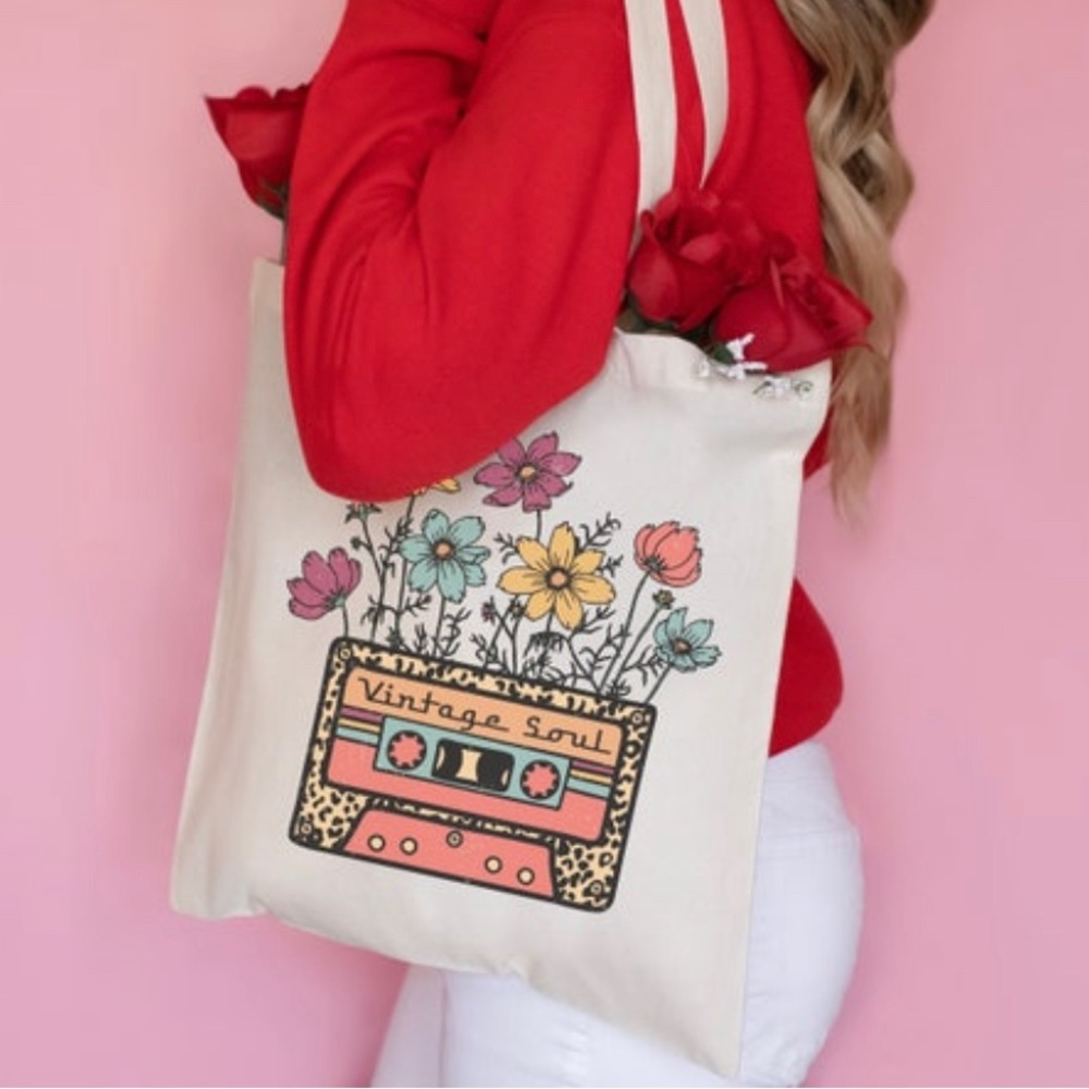 Retro Tote bag, floral tote, cassette tape tote, canvas tote